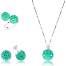 Gumush Hk Gümüş Kadın Set Yeşil Kristal Taşlı |Gümüş Takı Hediyelik Ürünler