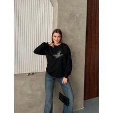 Kuş Logo Taş Detaylı Oversize Siyah Sweatshirt
