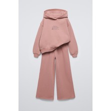 Magu Kız Çocuk Pamuklu Gül Kurusu Kapüşonlu Sweatshirt ve Geniş Paça Eşofman Takım