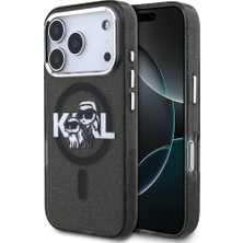 iPhone 17 Pro Kılıf Karl Lagerfeld Lisanslı Parlayan Simli Karl & Choupette Sketch Logo Kapak Siyah