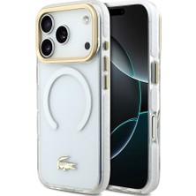 iPhone 17 Pro Kılıf Lacoste Orjinal Lisanslı M-Safe Özellikli Gold Timsah Logolu Buzlu Kapak Beyaz