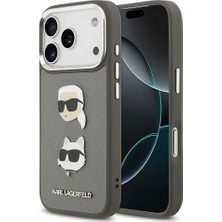 iPhone 17 Pro Max Kılıf Karl Lagerfeld Orjinal Lisanslı Metal Logolu K&c Heads Pin Kapak Gri