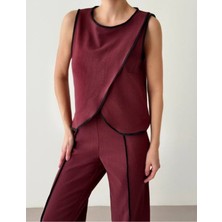 Entrendburada Kadın Bordo Çizgili Yırtmaçlı Pantolon - 10787