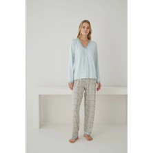 Pijamoni Kadın Önden Düğmeli Dantel Yaka Ring Viskon Su Yeşili Pijama Takımı