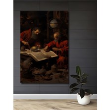 Teona Ahşap Antik Bilge Adamlar Büyük Kitap ve Dünya Küresi Yağlı Boya Görünümlü Klasik Sanat Ahşap Tablo