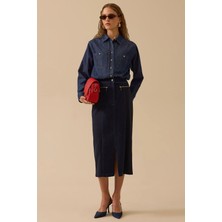 Seçil Kadın Çift Kumaşlı Yırtmaç Detaylı Jean Etek 0001 Lacivert