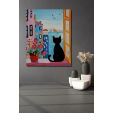 Teona Ahşap Renkli Pencere Önünde Kara Kedi Yağlı Boya Görünümlü Ahşap Dekoratif Tablo Dikdörtgen Tablo