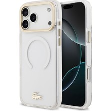 iPhone 17 Pro Max Kılıf Lacoste Orjinal Lisanslı M-Safeli Gold Timsah Logolu Buzlu Kapak Beyaz