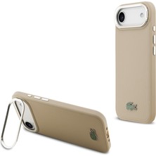 iPhone 17 Air Kılıf Lacoste Lisanslı M-Safe Özellikli Pu Pike Desenli Standlı Metal Logolu Kapak Bej