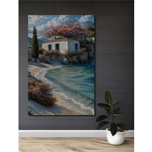 Teona Ahşap Deniz Kenarında Yağlı Boya Görünümlü Ahşap Dekoratif Tablo Sahil Evi Manzarası Dikdörtgen Tablo