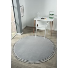 Neşeli Home Cloudy Açık Gri Yuvarlak Saçaklı Peluş Yumuşacık Yıkanabilir Kaymaz Taban Halı Salon Oturma Odası