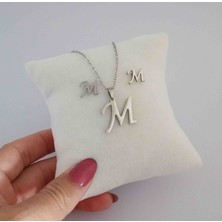 Ödül Moda Çelik Silver M Harfi Kolye Küpe Seti