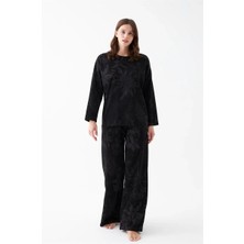 Çamaşır Kenti Kadın Oversize Siyah Çiçek Desenli Pamuklu Kalın Pijama Takımı