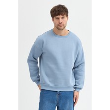 Sparrow Mavi Bisiklet Yaka Erkek Oversize Sweatshirt Pamuklu Basic 3 Iplik Şardonlu