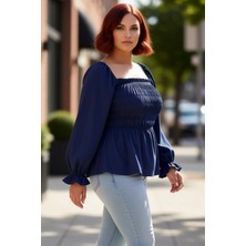 PayBuy Kadın Kare Yaka Büzgülü Kol Gipeli Dokuma Bluz A Line Siluet Crop Boy Feminine Tarz