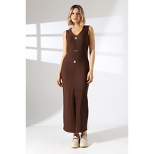 Lubiti Gold Aksesuar Düğmeli Likralı Kolsuz Elbise