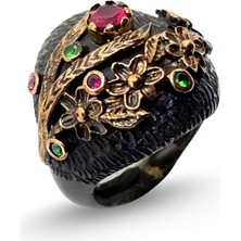 Oya Silver Otantik Doğal Yakut Zümrüt Taşlı Çiçekli Gümüş Kadın Yüzük