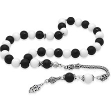 Tesbihane 925 Ayar Gümüş Foxtail Püsküllü Küre Kesim Siyah Beyaz Jade Ayyıldız Oniks Doğaltaş Taraftar Tesbih