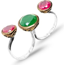 Oya Silver Otantik Yakut Zümrüt Taşlı Ikili Bağlantılı Gümüş Kadın Yüzük