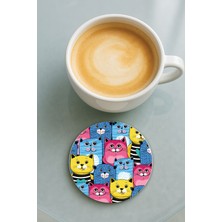 Nurdic Yuvarlak Pleksi Bardak Altlığı Baskı Desenli Tekli Süslü Kediler