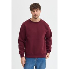 Sparrow Bordo Bisiklet Yaka Erkek Oversize Sweatshirt Pamuklu Basic 3 Iplik Şardonlu