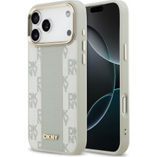 iPhone 17 Pro Max Uyumlu Kılıf Dkny Orjinal Lisanslı M-Safeli 3D Yazılı Checkered Pattern Kapak Bej