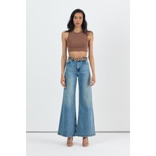 Whatsup Geniş Paça Baggy Kadın Jean Pantolon  - Mavi Mavi - 28