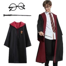 Ulu Pazarlama Harry Potter Gryffindor Kapişonlu Çocuk Kostüm + Asa + Gözlük Seti 7-8 Yaş