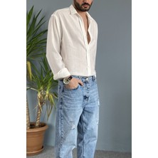 Alışveriş Sokağı %100 Pamuk Oversize Uzun Kollu Keten Gömlek