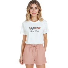 Color Luxe Kadın Beyaz Relaxed Fit %100 Pamuk Tişört – Kalp Sıralı & ''choose Happy'' Baskılı