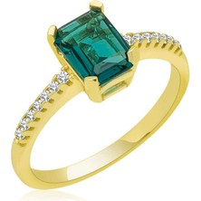 Gumush Hk Gümüş Kadın Yüzük Gold Yeşil Baget Taşlı |Gümüş Takı Hediyelik Ürünler