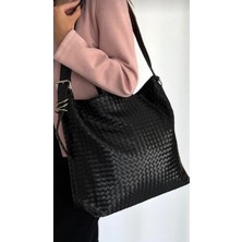 TheMoiss Büyük Boy Örgü Desen Yumuşak Deri Siyah Salaş El ve Omuz Çantası