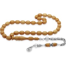 Tesbihane 925 Ayar Gümüş Kral Zincir Püsküllü Arpa Kesim Krem Rengi Sıkma Kehribar Tesbih