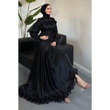 Merven Akyüz Maryam Altı ve Göğüs Kısmı Fırfırlı Janjan Abiye Siyah