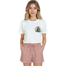 Color Luxe Kadın Beyaz Relaxed Fit %100 Pamuk Tişört – Çiçekli Teker Suluboya Minyatür Baskılı