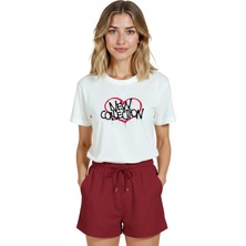 Color Luxe Kadın Beyaz Relaxed Fit %100 Pamuk Tişört – Grafiti Kalp & “new Collectıon” Baskılı