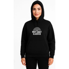 Rawea Fashion Kadın Kapşonlu Sweatshirt – Oversize Üç Iplik Şardonlu Hoodie, “west Coast Classics” Ön & Arka Baskılı, Kanguru Cepli Kışlık Günlük Stil - Siyah