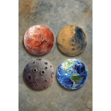 Nurdic Ev Dekor Oval Pleksi Bardak Altlığı Temalı Desenli 4'lü Set Space