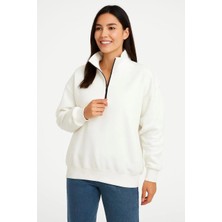 Rawea Fashion Kadın Üç Iplik Dık Yaka Yarım Fermuarlı Sweatshirt - Beyaz