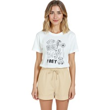 Color Luxe Kadın Beyaz Relaxed Fit %100 Pamuk Tişört – Doodle Kolaj Teddy & Çiçek Baskılı