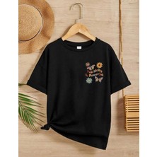 Rawea Fashion Kız Çocuk Bisiklet Yaka Baskılı T-Shirt - Siyah