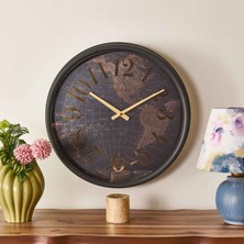 Regal Dünya Haritalı Eskitme Metal Duvar Saati - Kahverengi - 51 cm