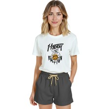 Color Luxe Kadın Beyaz Relaxed Fit %100 Pamuk Tişört – Grafiti Teddy Ayı & Pumpkin Street Baskılı