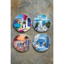 Nurdic Ev Dekor Oval Pleksi Bardak Altlığı Temalı Desenli 4'lü Set Santorini