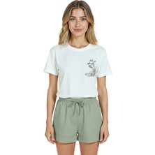 Color Luxe Kadın Beyaz Relaxed Fit %100 Pamuk Tişört – Kıyı Ağacı Suluboya Minyatür Baskılı