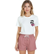 Color Luxe Kadın Beyaz Relaxed Fit %100 Pamuk Tişört – Graffiti Tavşan Minyatür Baskılı