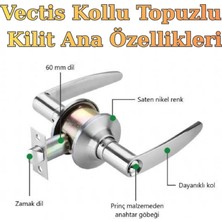 ALMITAL Vectis Kollu Topuzlu Kilit - Amerikan Tipi Otel Kilidi - Saten (Eski Topuzlu Kilit Yerine Uyumlu)
