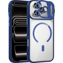 Bulut Aksesuar iPhone 17 Pro Kılıf Standlı ve Kamera Lens Hediyeli M-Safe Şarj Özellikli Zore Etro Kapak - Lacivert