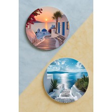 Nurdic Ev Dekor Oval Pleksi Bardak Altlığı Temalı Desenli 2 Adet Set Santorini