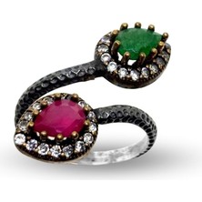 Oya Silver Otantik Ayarlanabilir Damla Yakut Zümrüt Gümüş Kadın Yüzük